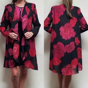 90s Vintage Helen Blake Red Rose Print Chiffon Open Front Waterfall Cardigan L
